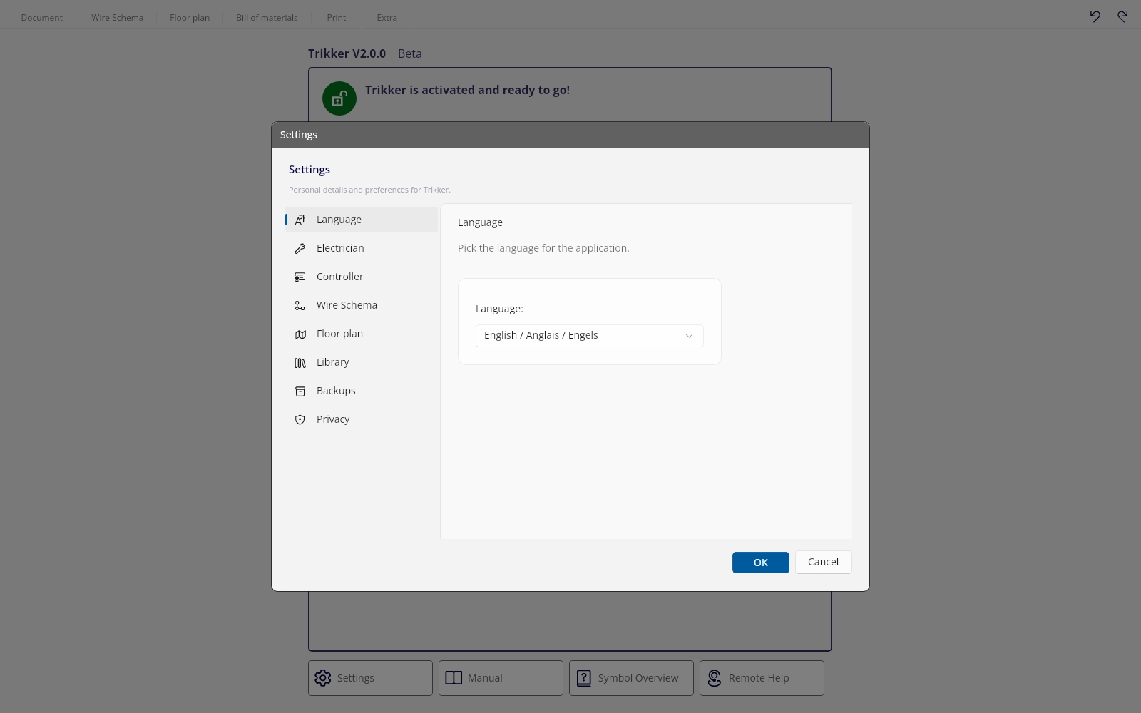 Choosing the language in the settings