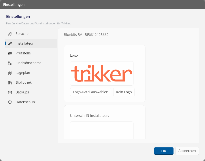 Das Register Installateur, mit dem Logo, das ins Schriftfeld kommt