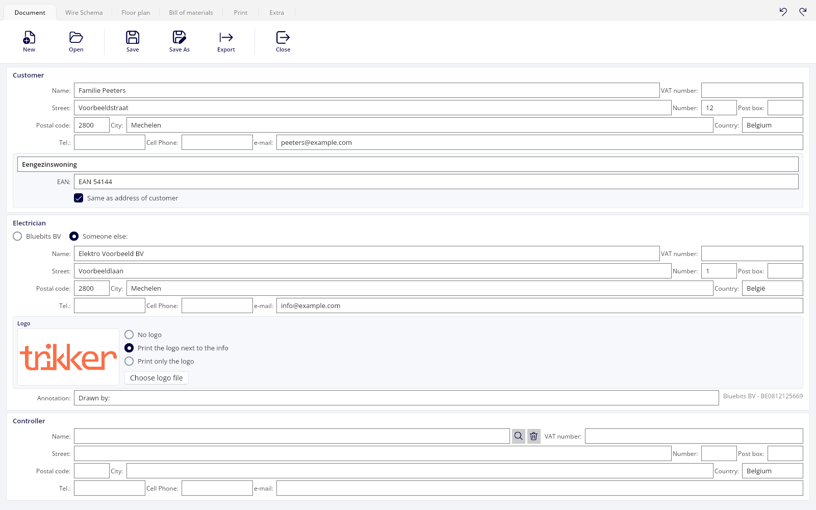 The Document tab with a completed sample dossier
