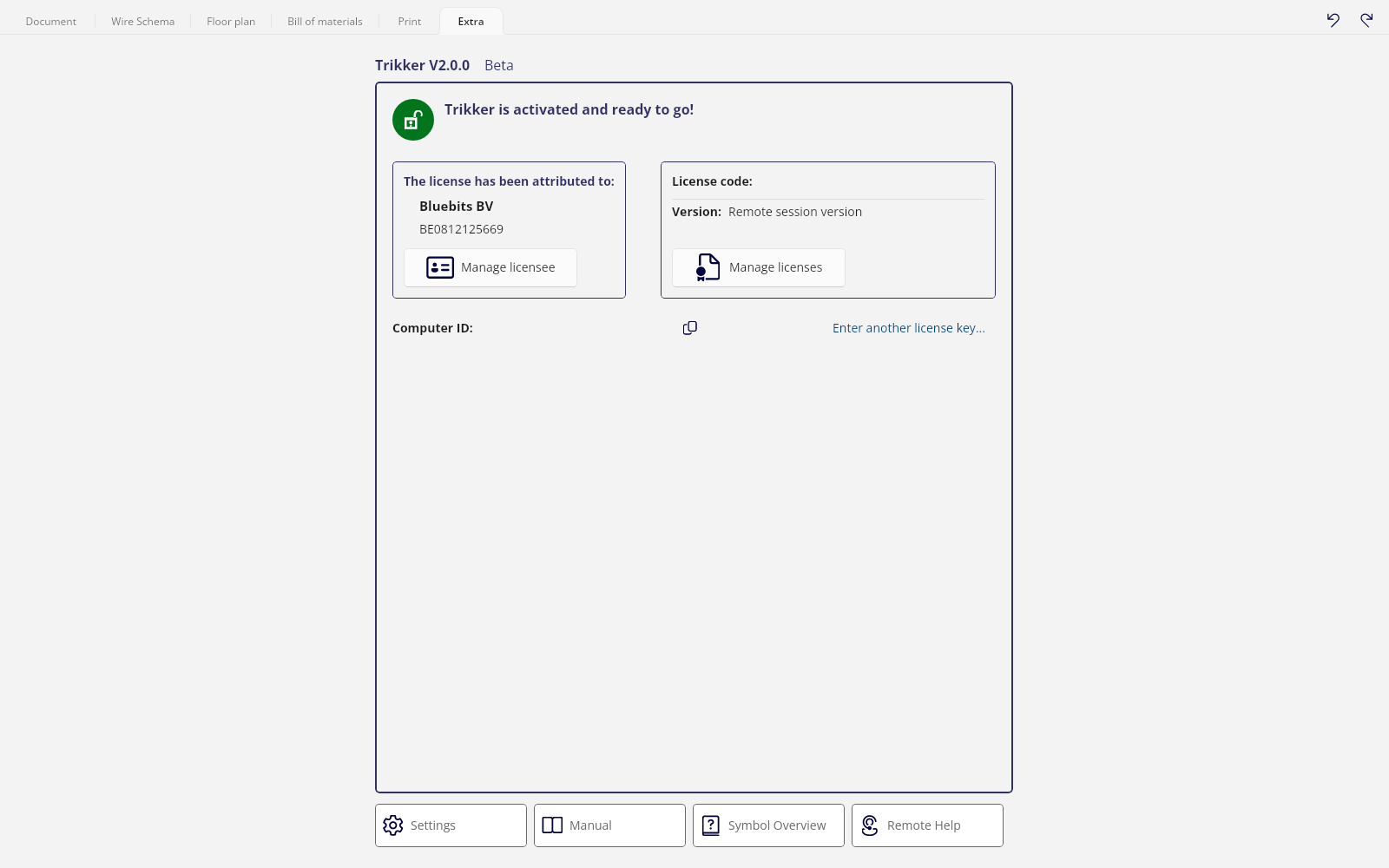An activated licence on the Extra tab; the licence code and computer ID have been made unreadable here