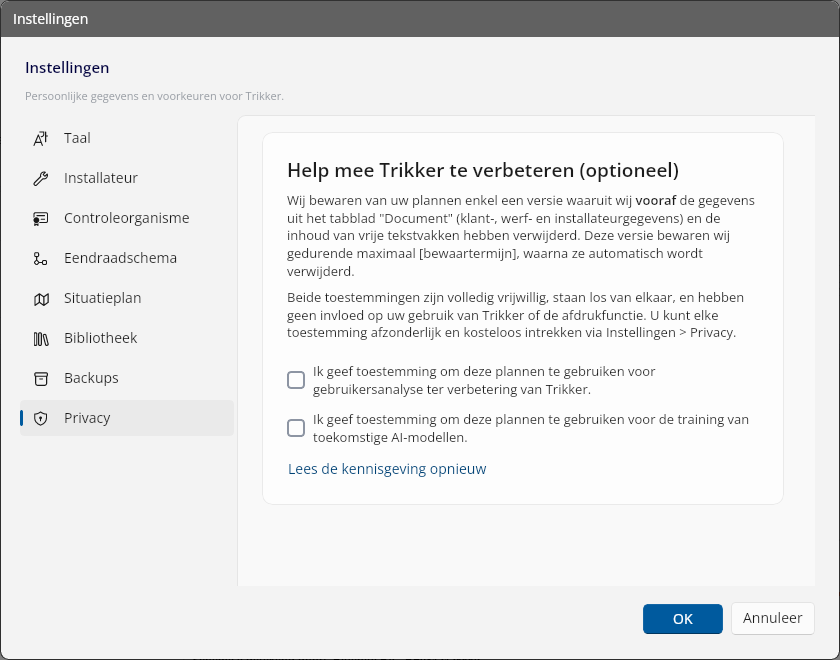 Het tabblad Privacy in de instellingen