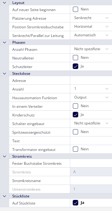 Das Eigenschaftenfenster einer Steckdose