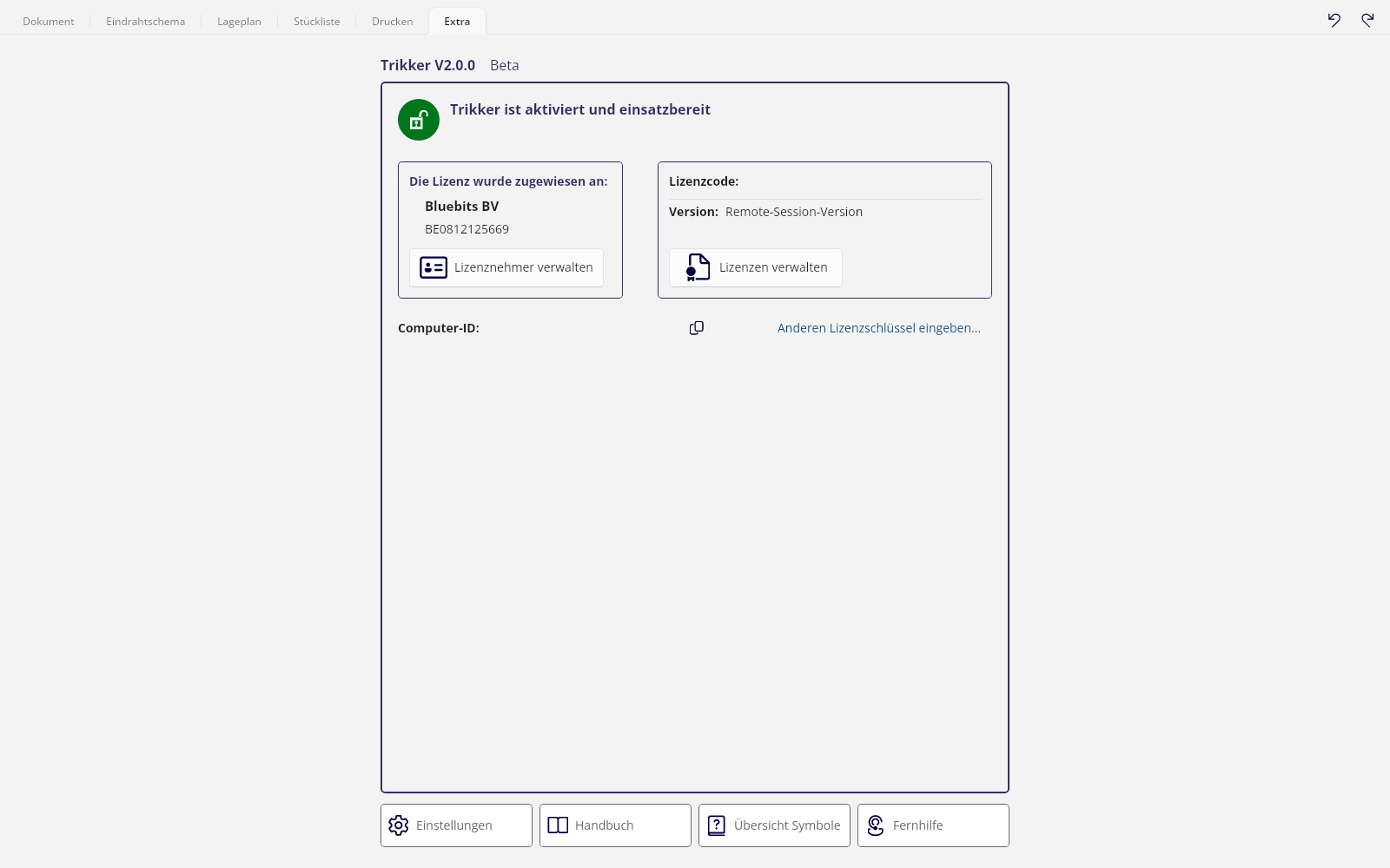 Eine aktivierte Lizenz im Register Extra; Lizenzcode und Computer-ID sind hier unkenntlich gemacht