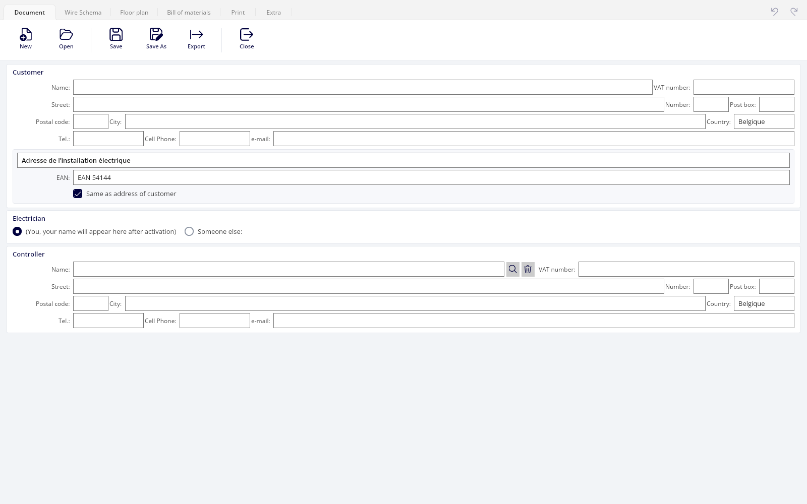 The Document tab, with the customer, the site of the installation, the electrician and the inspection body.