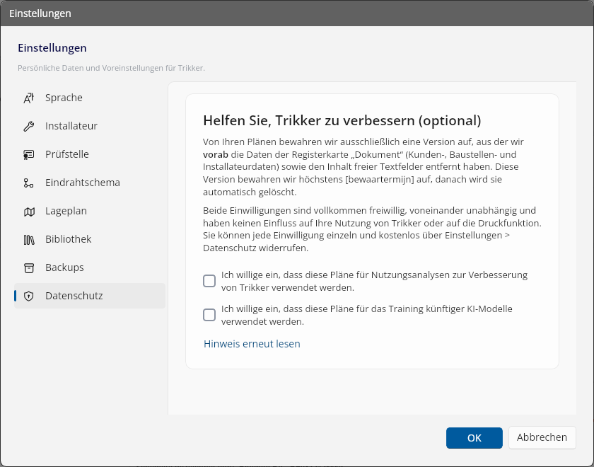 Das Register Datenschutz in den Einstellungen