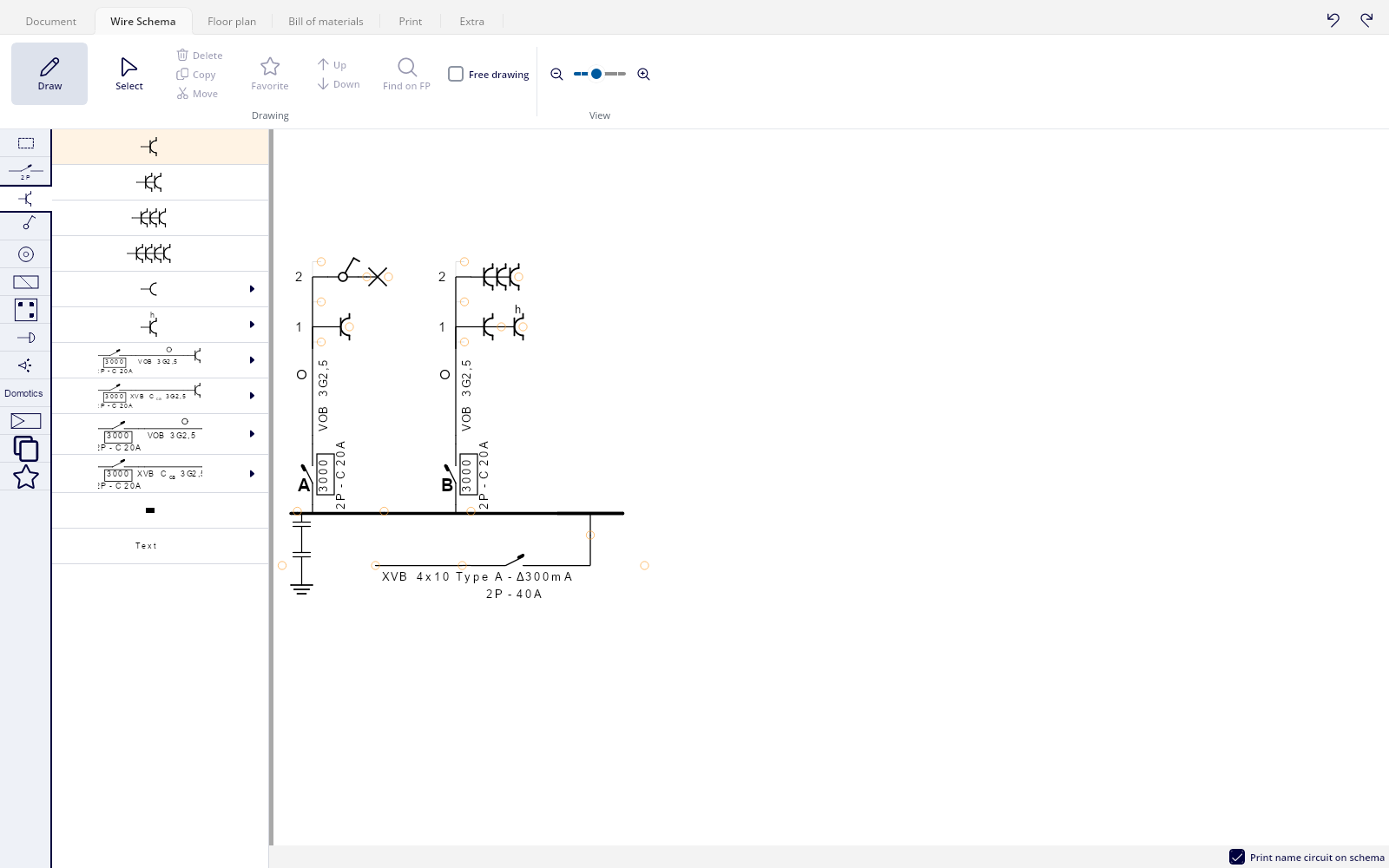 The wire schema, with the symbol library on the left and the properties window beside the drawing area.