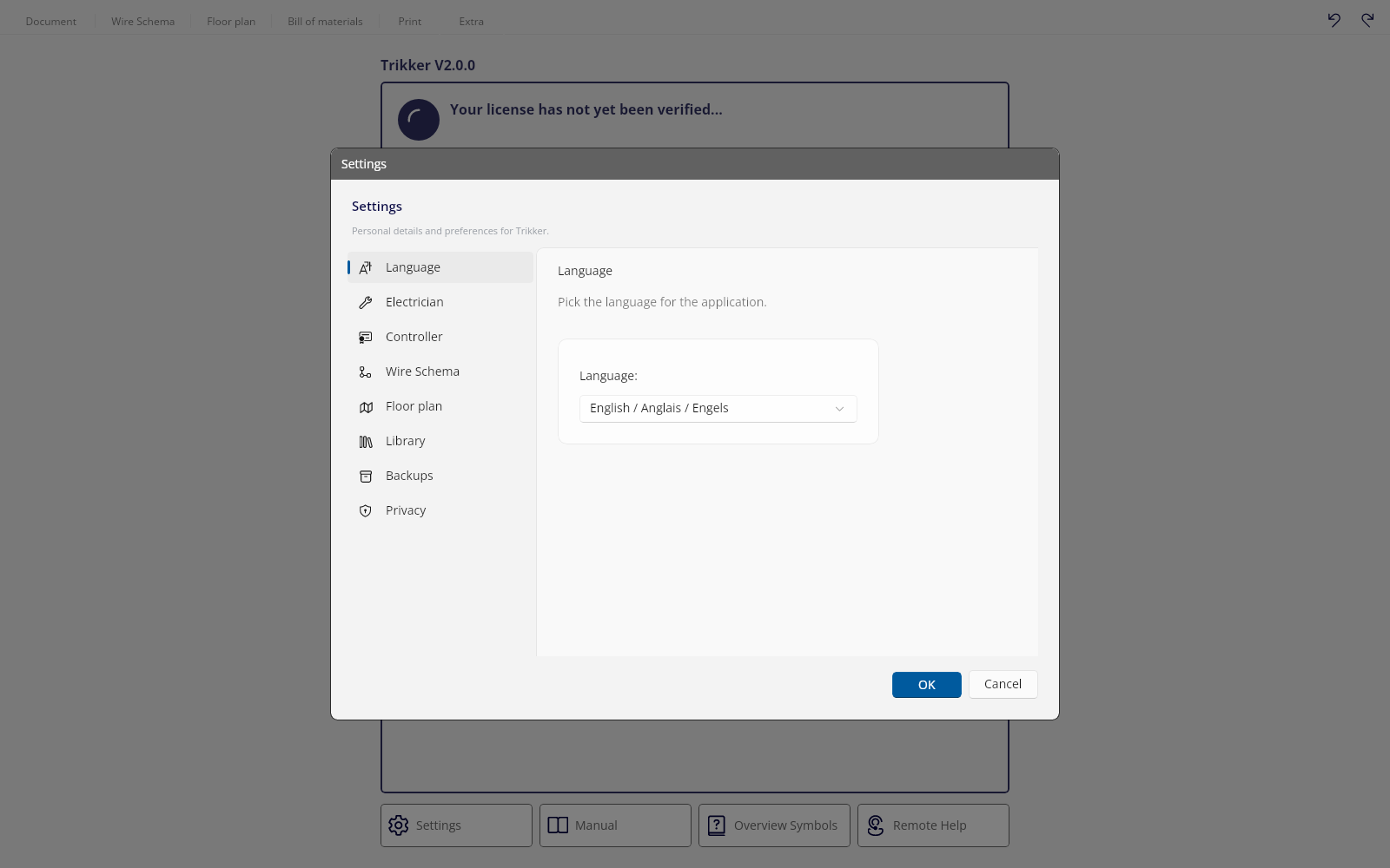 The settings window on the Language tab.