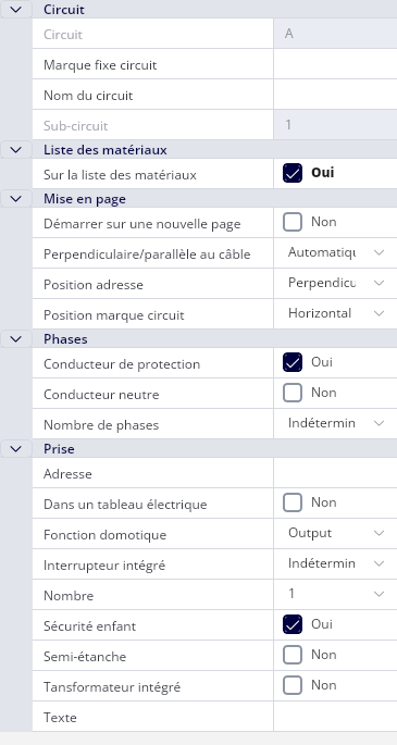 La fenêtre des propriétés d'une prise