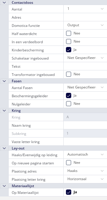 Het eigenschappenvenster van een contactdoos