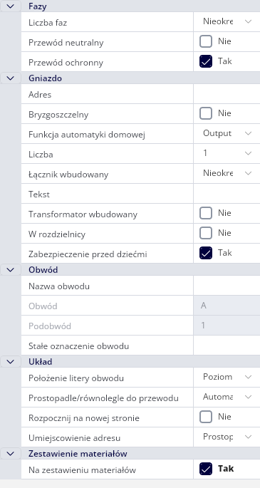 Okno właściwości gniazda
