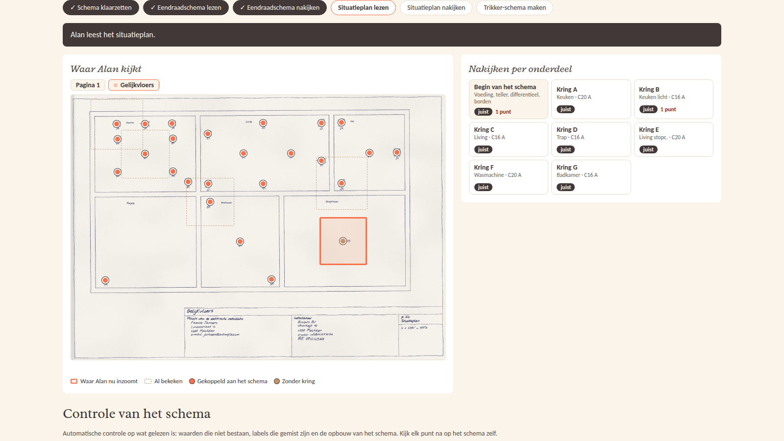 Alan reads the floor plan and shows where he is looking