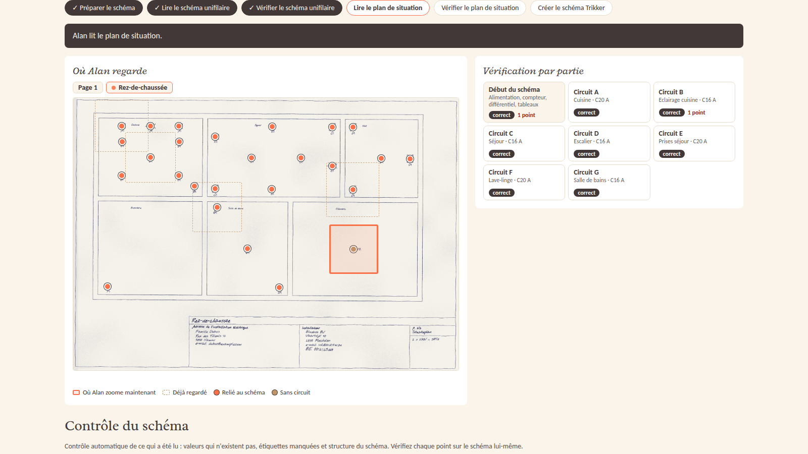 Alan reads the floor plan and shows where he is looking